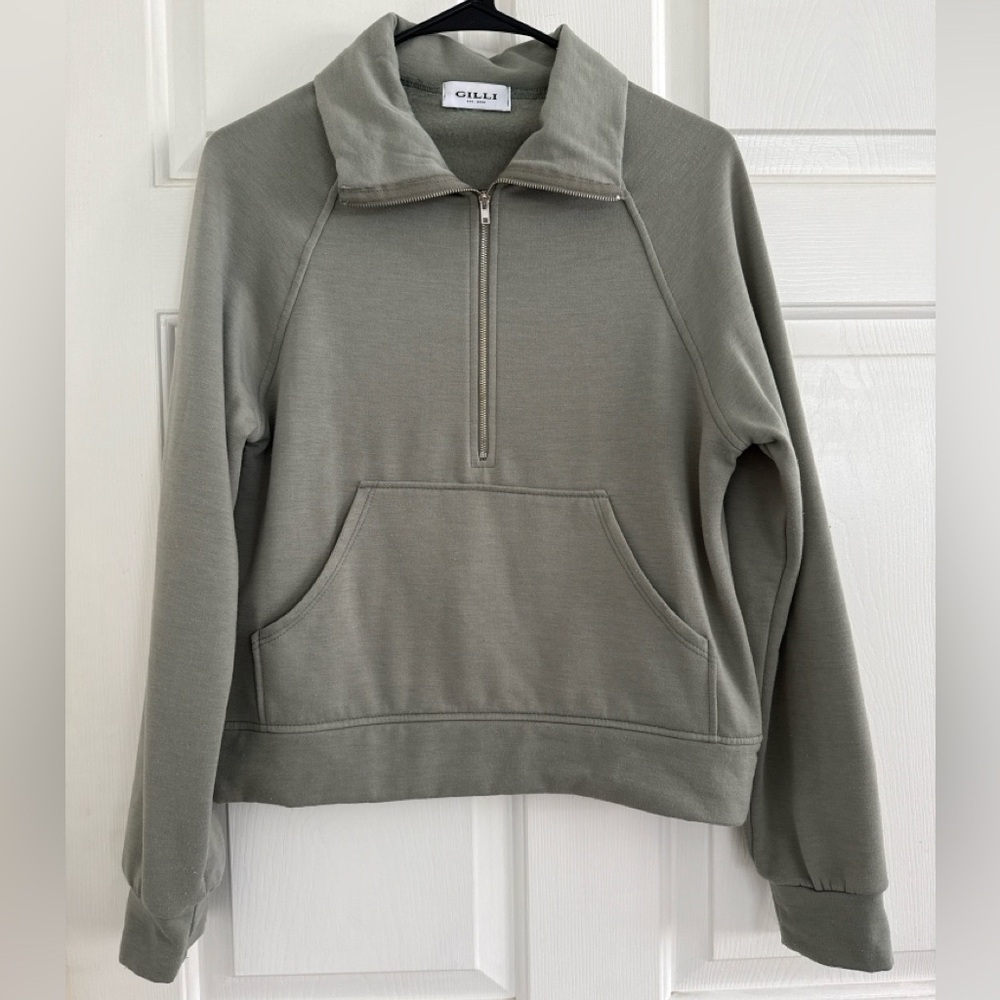 GILLI Half-Zip Fleece-Lined Pullover Sweatshirt — XS — Sage Green
